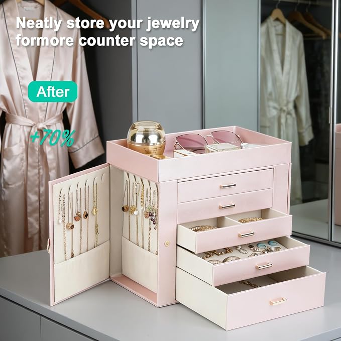 BOOVO Large Jewelry Boxes For Women (Rose Gold, 6 Layer) | 6 Layers Jewelry Organizer Box With Cosmetic Storage Drawer, Necklace Ring Jewelry Organizer Box