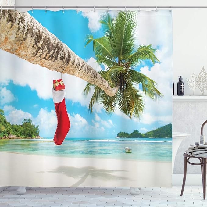 Ambesonne Christmas Shower Curtain, Cloth Fabric Bathroom Decor Set with Hooks, Tropical Sandy Beach, 69" W x 70" L, Aqua Red