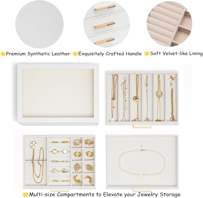 VLANDO 3-Drawer Jewelry Box with Glass Lid, Faux Leather Organizer for Rings Earrings Necklaces and More, Gift-Ready Jewelry Case for Women Girls or Moms, White