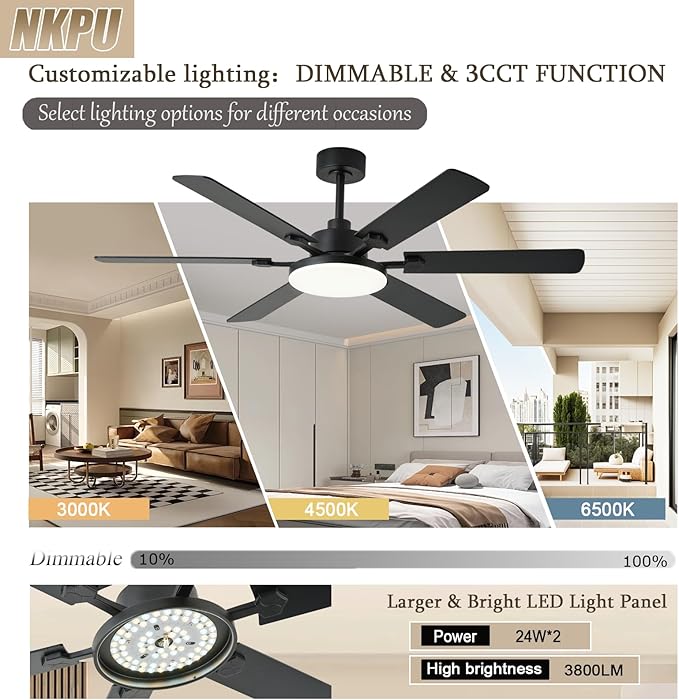 NKPU 56 Inch Ceiling Fans with Lights, Modern Black Ceiling Fan with Light and Remote Control, 6 Double Sided Blades, 6 Speed Reversible Motor, Dimmable LED, Silent Timing, Indoor Outdoor Patio Use