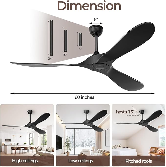 Obabala 60 Inch Ceiling Fan Without Lights, Black | Outdoor Ceiling Fan with Remote, 6-Speed Adjustable Reversible DC Motor for Patio & Living Room Black