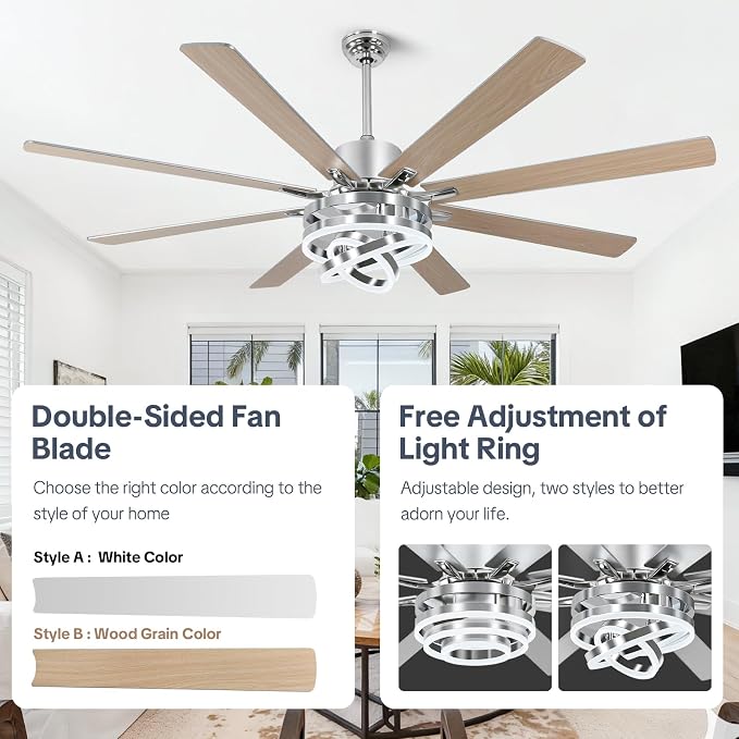 72" Ceilling Fans with Lights, Chandelier Fan Modern DC Motor Dimmable Led Fandelier Ceiling Fan with Light for Bedroom, Living Room, Indoor/Outdoor, Silver