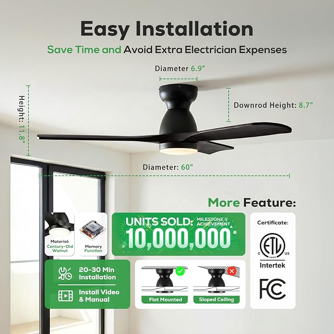 60in Smart Flush Mount Ceiling Fans with Lights,Outdoor Low Profile Ceiling Fan Quiet DC Motor,Work with Alexa/Gg Voice Control/App/Remote,Dimmable,6-speed,3 Wood blades Fan for Patio,Black