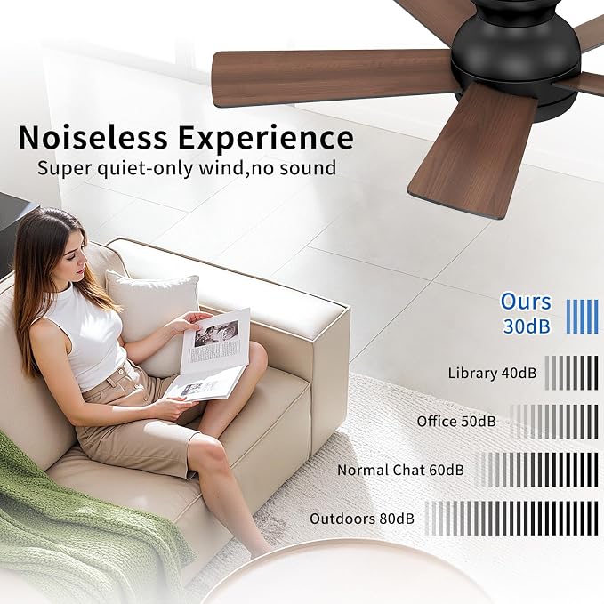 POCHFAN 42 Inch Black Ceiling Fans with Lights and Remote, LED Low Profile Flush Mount Ceiling Fan for Bedroom, Living Room, Patio, Quiet DC Motor, 5 Blades