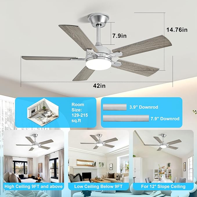 Depuley 42-inch Ceiling Fan with Light: Nickel Ceiling Fan for Living Room Indoor Outdoor - Modern Ceiling Fan with Remote Control 3CCT Dimmable Noiseless 5 Reversible Silver Blades 6 Speeds Timer