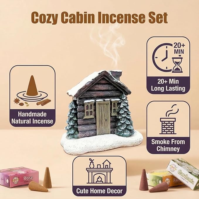 Lovely Log Cabin Incense Burner, Mini Snowy Winter Chimney Cottage Ash Catcher, Yoga Accessories Meditation Accessories, Home Chimney Decorations, 20 Pcs Handmade Incense Cones