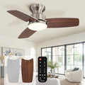 42 Inch Ceiling Fans with Lights and Remote, Bedroom Living Room Office, Flush Mount, 6CCT Dimmable, Dual Color 3 Blades 6 Speed Reversible Quiet DC Motor, Sand-Nickel/Wood Grain