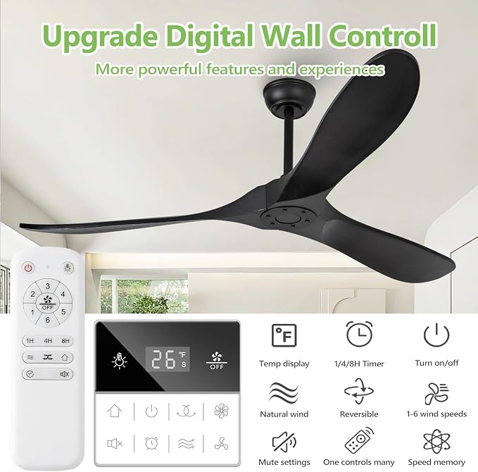60 Inch Black Ceiling Fan No Light,Living Room Ceiling Fans Without Lights, Modern 3 Blade Quiet Dc Ceiling Fan For Slanted Ceilings, Rustic Wood Ceiling Fans For Gazebo With Wall Control