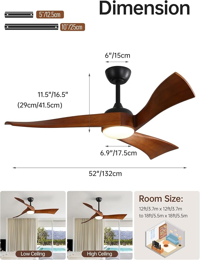 Sofucor 52 Inch Ceiling Fans with Lights, Solid Wood Indoor/Outdoor Ceiling Fan with Remote, Reversible DC Motor, 3 Blade Modern Ceiling Fan Light, Low Profile Ceiling Fans for Bedroom Patio Kitchen