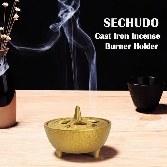 Small Cast Iron Incense Burner Holder, Home Decor, Bowl Design with Lid, Golden Incense for Sticks, Resin, Cone Incense or Wax Melts, Cense with Stand Base for Yoga, Spa, Room, Office