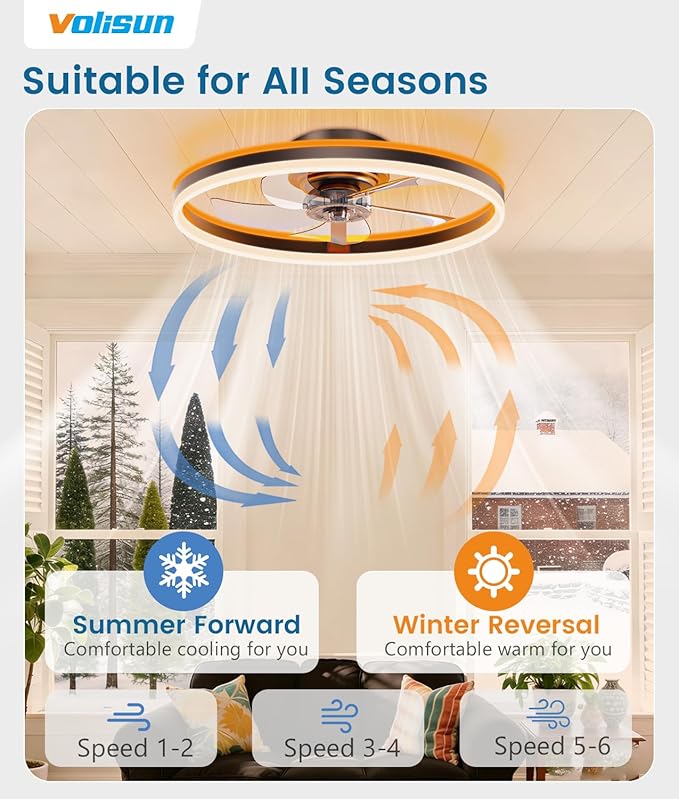 VOLISUN RGB Ceiling Fans with Lights and Remote, 20in Low Profile Ceiling Fans with Lights Flush Mount, 3000K-6500K Dimmable Fandelier LED Fan Light, Black Bladeless Ceiling Fans for Bedroom