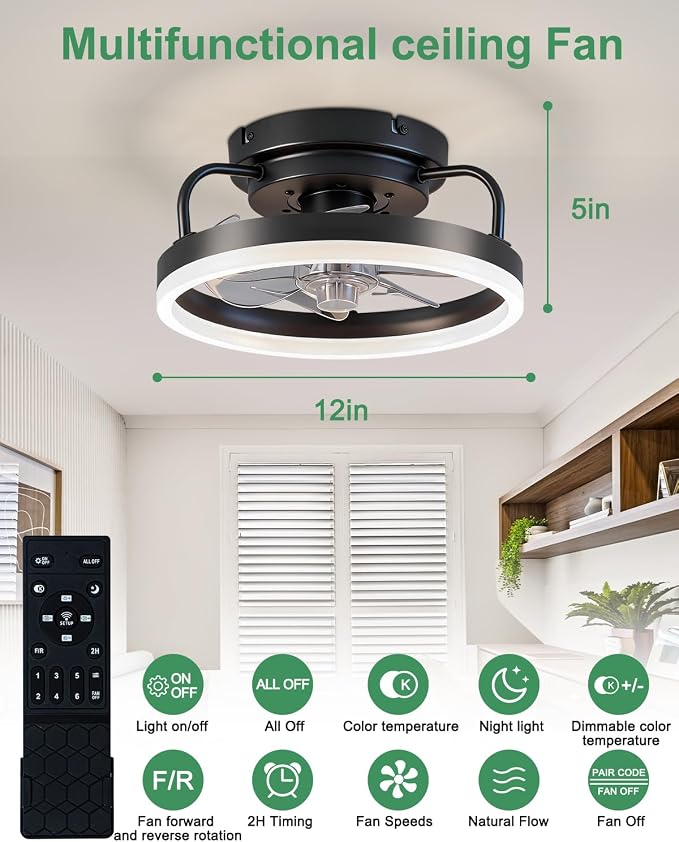 Ceiling Fan with Lights, Low Profile Ceiling Fans with Lights and Remote, Flush Mount LED Fan Light, Modern Bladeless Fandelier for Bedroom Works with APP, 12IN Black