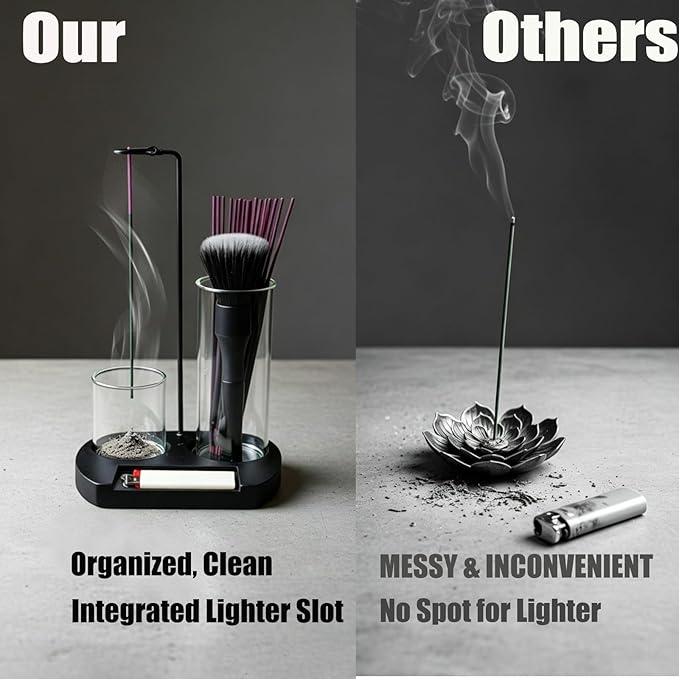 Incense Holder for Sticks 3 in 1 Glass Incense Burner with Lighter Holder and Ash Catcher Upside Down Anti-Ash Stick Holder with Storage Modern Zen Decor for Yoga Meditation Brush [Black]