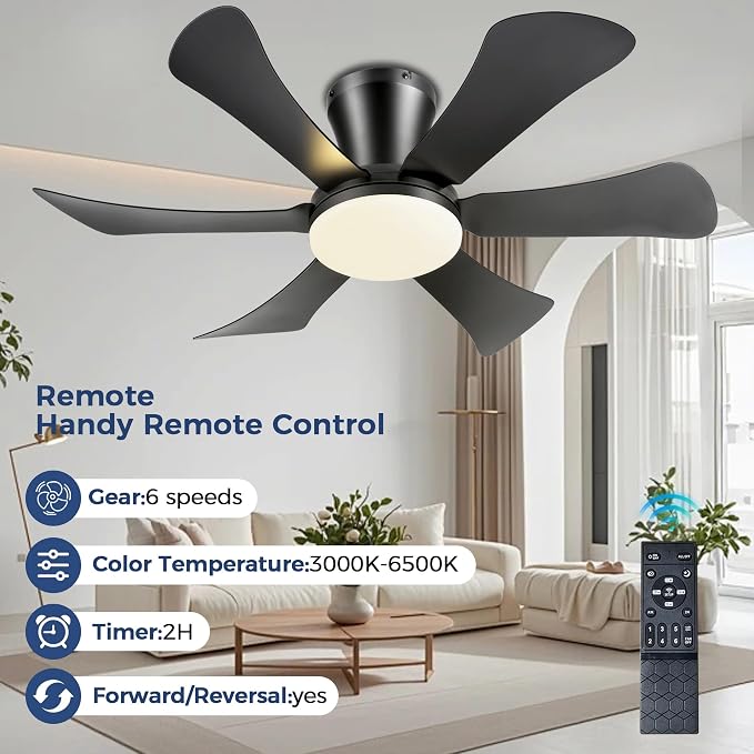 GJeg Ceiling Fans with Lights,36" Low Profile Ceiling Fan with Light and Remote Control,Flush Mount, Reversible, Dimmable, Noiseless, Black Ceiling Fan for Bedroom