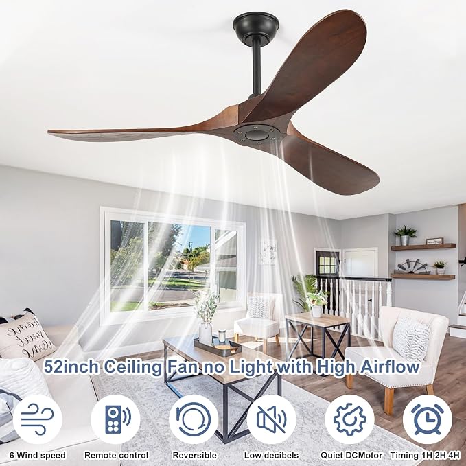 52'' Solid Real Wood Ceiling Fan no Light,DC Motor 6 Speeds Adjustable with Large Airflow,Outdoor Ceiling Fan Dark Walnut Finished for Garage,Gazebo,Living Room,Bedroom