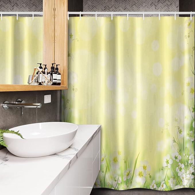 Ambesonne Flower Stall Shower Curtain, Blossom Field with Fresh Grass Soft Springtime Blurred Illustration, Fabric Bathroom Decor Set with Hooks, 54" W x 78" L, Yellow Green