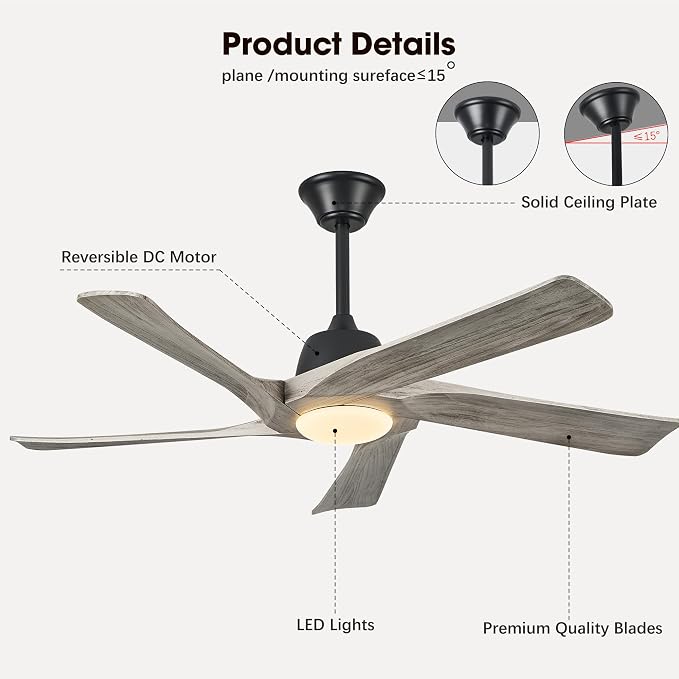 52 Inch Solid Wood Ceiling Fan with Lights, Remote and APP Control, 3-color Dimmable LED, DC Motor, 6-speed Reversible, Modern Ceiling Fans for Bedroom, Living Room, Greywood