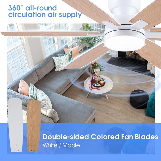 Kviflon 52" Ceiling Fans with Lights, Low Profile Ceiling Fan with Light and Remote/APP Control, Flush Mount Ceiling Fan with 6 Reversible Fan Blades, 3CCT, Dimmable, Quiet Motor for Kidsroom White