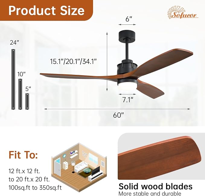 Sofucor 60 Inch Ceiling Fan with Light and Remote - 3 Solid Wood Blades, Quiet DC Motor, 6 Speeds 7000CFM, Dimmable 3-Color LED with Memory, Timer & Reversible for Living Room, ETL, Walnut Wood
