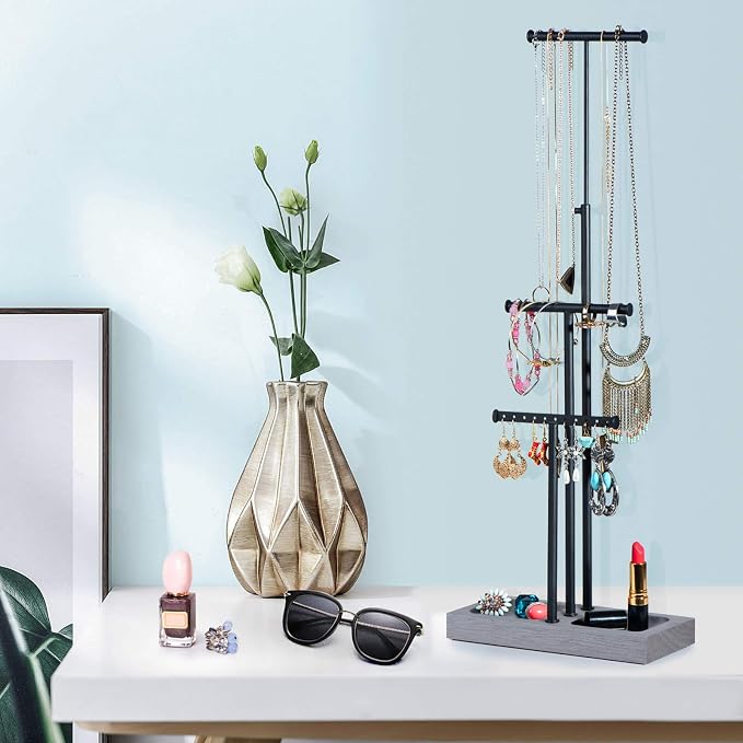 Love-KANKEI 3-Tier Jewelry Holder,Adjustable Height,Black/Weathered Grey | Metal Rod,Solid Wood Base,Easy to Install,Tree Style,Display Long Necklaces,Bracelets,Earrings,Rings,Watches,Bangles,Gift