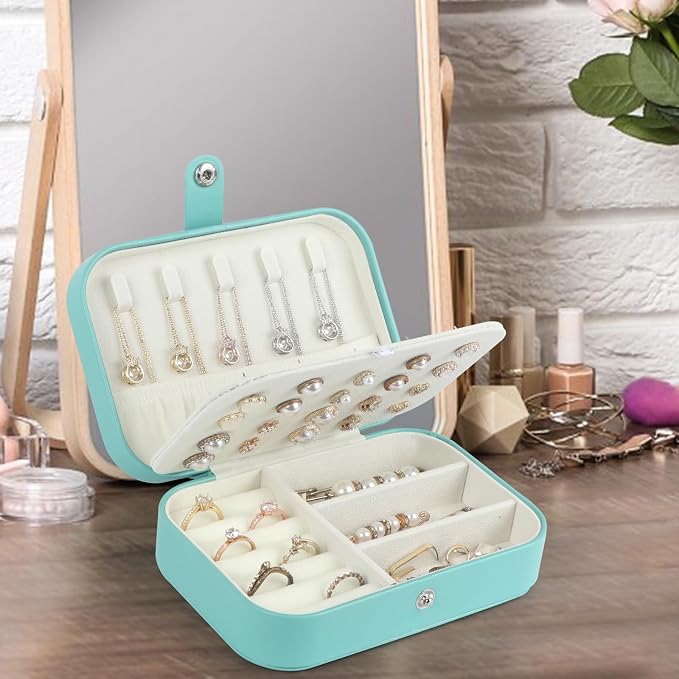 Hatori Travel Jewelry Box, PU Leather Small Jewelry Organizer for Women Girls, Double Layer Portable Mini Travel Case Display Storage Holder Boxes for Stud Earrings, Rings (Turquoise)