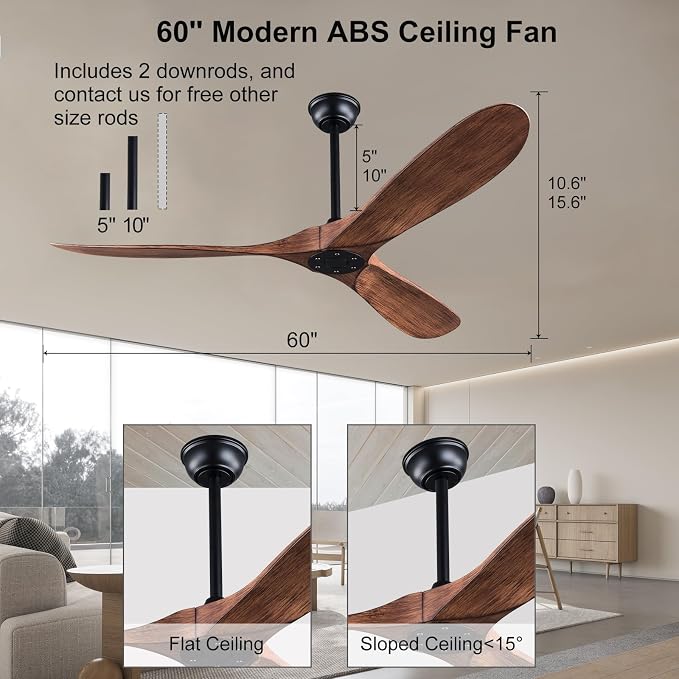 KBZZ 52 Inch Modern Ceiling Fan Without Light, 3 ABS Blades, 6 Speeds Quiet DC Motor, Indoor/Outdoor for Patio, Living Room, Study, Porch, Gazebo