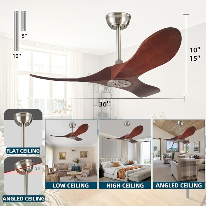 36 Inch Ceiling Fan Without Light With Remote Control,Small Ceiling Fan for Kitchen No Light,3 Solid Wood Blade Propeller Outdoor Ceiling Fans for Indoor, Living Room, Bedroom, Terrace, Porch