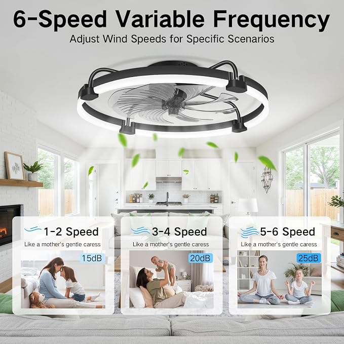 OUTON 24" Ceiling Fan with Light, Remote & App Control, Fandelier Low Profile Flush Mount Ceiling Fan with 3000K-6500K Stepless Dimmable, 6 Speed, Quiet DC Motor, Modern Ceiling Fans for Bedroom Black