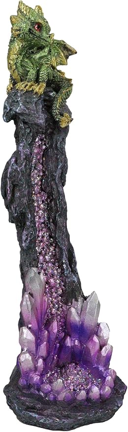 Ebros Gift Green Gaia Baby Dragon Guarding Faux Geode Quartz Crystal Quarry Rock Pillar Incense Burner Holder Figurine 10" High Fantasy Mythical Dungeons and Dragons Home Decorative Accent Statue