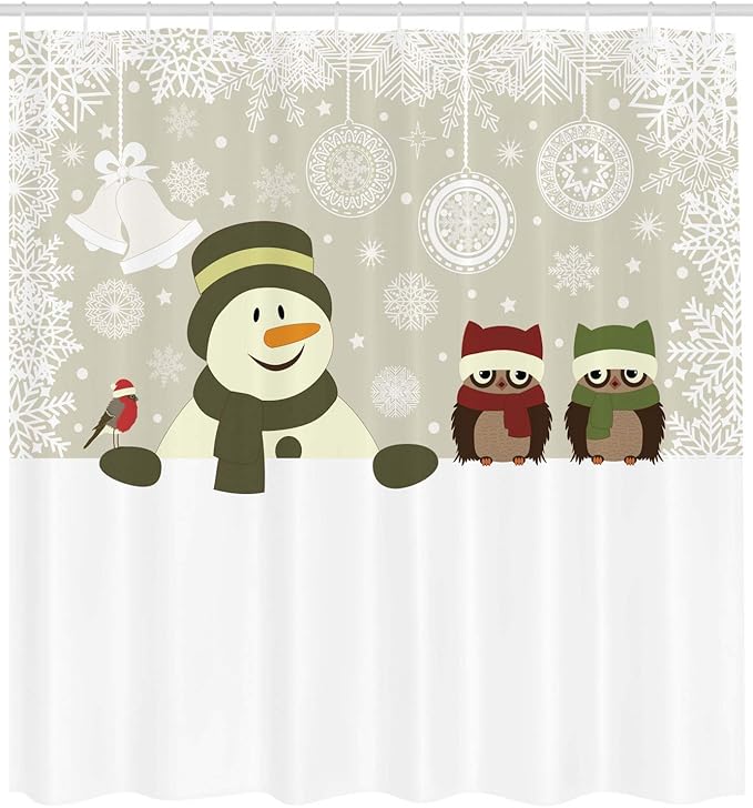 Ambesonne Christmas Shower Curtain, Snowman Owls in Snowy Winter Day Jingle Bells Snowflake Image, Cloth Fabric Bathroom Decor Set with Hooks, 69" W x 70" L, White Green Red