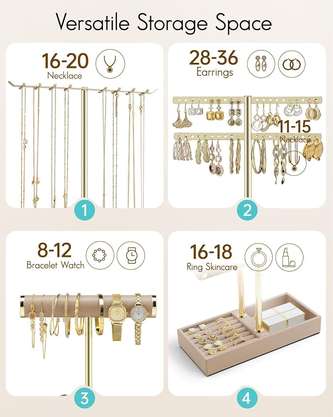 VLANDO 3 Tier Jewelry Stand Organizer with Tary, Leather Jewelry Holder Display for Women, Gold Jewlery Holder Display for Necklace, Earring, Bracelet, Rings - Toffee