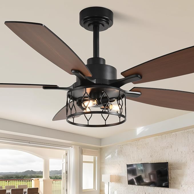 52'' Rustic Caged Ceiling Fan with Light and Remote Control | Reversible Quiet DC Motor,6 Speed,Timer Dual-Sided Wood Blades,Farmhouse Ceiling Fan for Living Room,Dining Room,Bedroom
