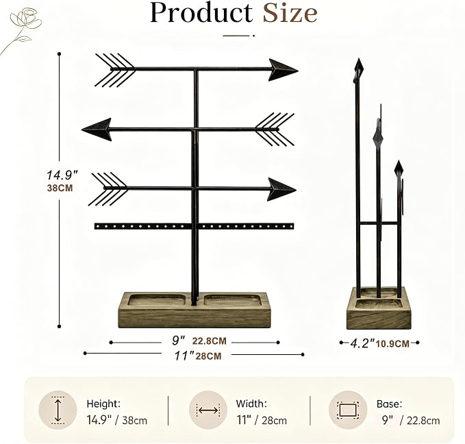 Urban Deco Arrow Jewelry Organizer Stand 4-Tier Black Jewelry Stand Necklace Organizer With Wooden Ring Holder For Jewelry Display Bracelet Holder Stand Earring Organizer For Girls - Black