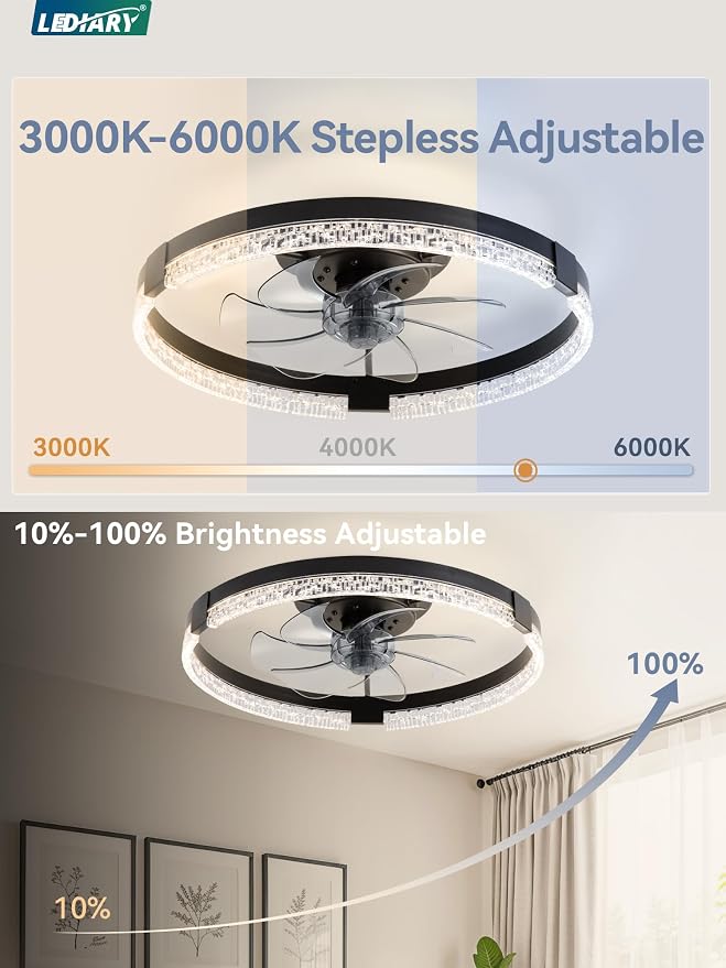LEDIARY Ceiling Fans with Lights, Low Profile Flush Mount Ceiling Fan, Dimmable LED, APP & Remote Control, Quiet Reversible DC Motor, 6 Speeds, Fandelier for Bedroom (Black, 19.7 inch)