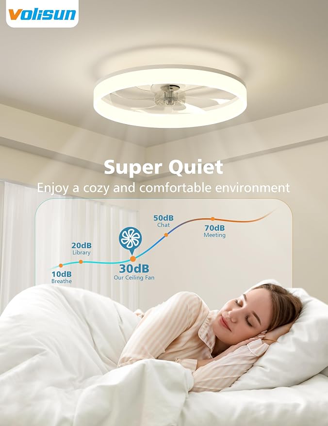 VOLISUN Low Profile Ceiling Fans with Lights and Remote, Ceiling Fan with Light Flush Mount, No Assembly, 3000K-6500K Dimmable, White Fandelier Ceilings Fans with Lights for Bedroom