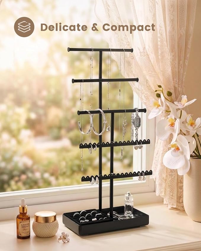 Lolalet 5-Tier Jewelry Organizer Stand, Metal Jewellery Holder, Dresser Display Rack for Necklace Earring Bracelets Rings, Gift for Women Girls -Black