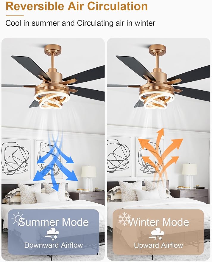 52" Black and Gold Modern Chandelier Fandelier Ceiling Fan with Light | DC motor, reversible, dimmable, 3 adjustable rings for DIY shape; recommended for bedroom, living room, and indoor use.
