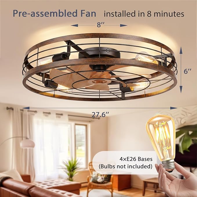 VOLISUN 27.6'' Caged Ceiling Fan with Light and Remote,Rustic Low Profile Ceiling Fan with Light Flush Mount, Farmhouse Bladeless Fandelier Ceiling Fans with Lights for Kitchen,Bedroom-Gold