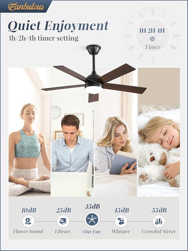 Fanbulous 42 Inch Ceiling Fan with Light and Remote, Black Ceiling Fans with Light, 5 Dual-Color Blades, Reversible Quiet DC Motor, 6 Speeds, 3CCT Adjustable LED for Bedroom Living Room Kitchen Patio