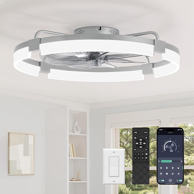 LEDIARY 24" Ceiling Fans with Lights and Remote, Modern Low Profile Ceiling Fan, 3 CCT, Stepless Dimmable, Fandelier Flush Mount Fan Light, 6 Speeds, DC Motor, App & Remote Control for Bedroom(Grey)