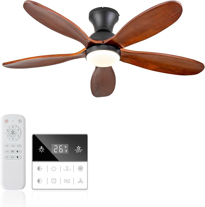 42 Inch Flush Mount ceiling fan with lights,Outdoor Ceiling Fans for Patios,Remote Control,Dimmable,Reversible,Wood Blades,Power-Off Memory,Quiet DC Motor,Modern Hugger Ceiling Fan for Bedroom