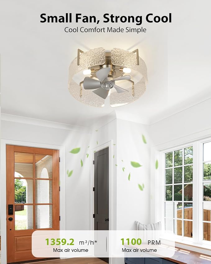 20" Low Profile Caged Ceiling Fan with Light, Modern Flush Mount Ceiling Fans with Remote, Silver Fandelier Ceiling Fan with Reversible DC Motor, Small Ceiling Fans for Bedroom Living Room