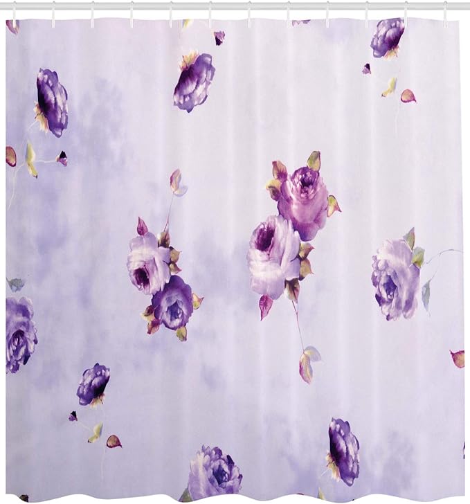 Ambesonne Rose Shower Curtain, Floral Pattern with Mauve Roses in Purple Color Dreamy Clouds Retro Soft Pale Art, Cloth Fabric Bathroom Decor Set with Hooks, 69" W x 70" L, Violet Lilac