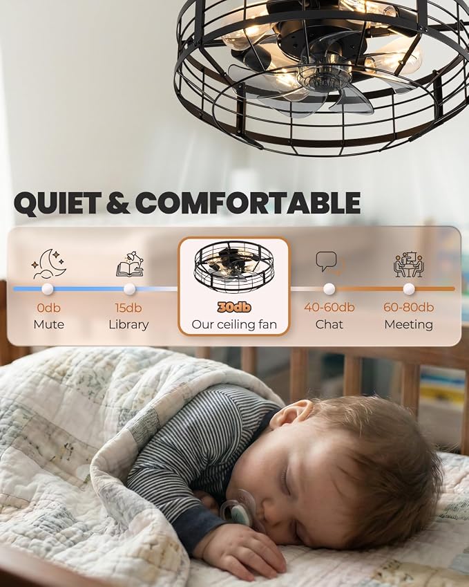 20 In Farmhouse Caged Ceiling Fan with Light and Remote, Bladeless Flush Mount Fan Lights Ceiling Fixtures, Need Assembly, 6 Speeds Reversible Motor Indooor Lights for House Kitchen, Bedroom, Black