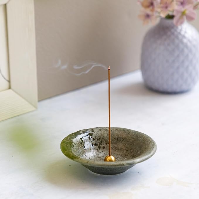 Asayu Japanese Small Incense Holder for Sticks 4.88 inch (124mm), Traditional Made in Japan Ceramic Ash Catcher and Brass Incense Burner Set - Grey