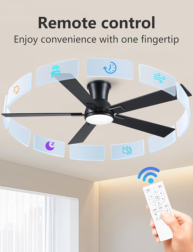 52 Inch Black Flush Mount Ceiling Fan with Light, 3CCT Dimmable LED, 6-Speed Remote Control, Reversible Motor,Quiet Low Profile Energy-Efficient for Bedroom & Living Room,ETL Listed