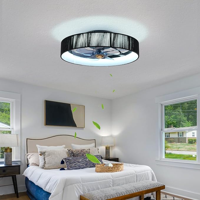 19.6'' Farmhouse Dimmable Ceiling Fan with Lights and Remote Control,Flush Mount Boho Ceiling Fan with Light,chandelier with fabric shades,LED Light 3 Color Temperatures 6-Speed Timer for Bedroom