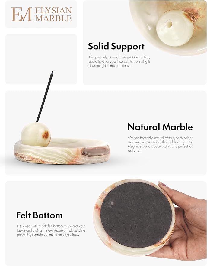 Incense Holder for Sticks, Natural Marble Incense Burner Ash Catcher Plate for Palo Santo, Sage, Meditation, Yoga and Home Decor - Green Onyx