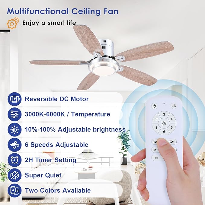 Hounberi 50 Inch Low Profile Ceiling Fans with Lights and Remote, Modern Brushed Nickel Flush Mount Ceiling Fan, 3CCT, Dimmable, Quiet DC Reversible Motor, for Bedroom Living Room Indoor/Outdoor Use