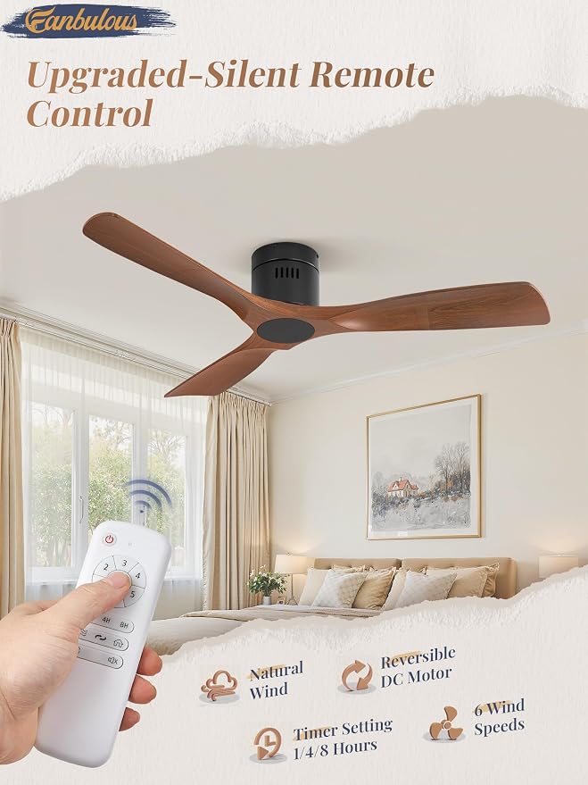 Fanbulous 52" Ceiling Fans Without Lights, Flush Mount Ceiling Fan with Remote Control Modern,Low Profile Ceiling Fans with 6-Speeds Reversible DC Motor for Patio Living Room Bedroom(Walnut)